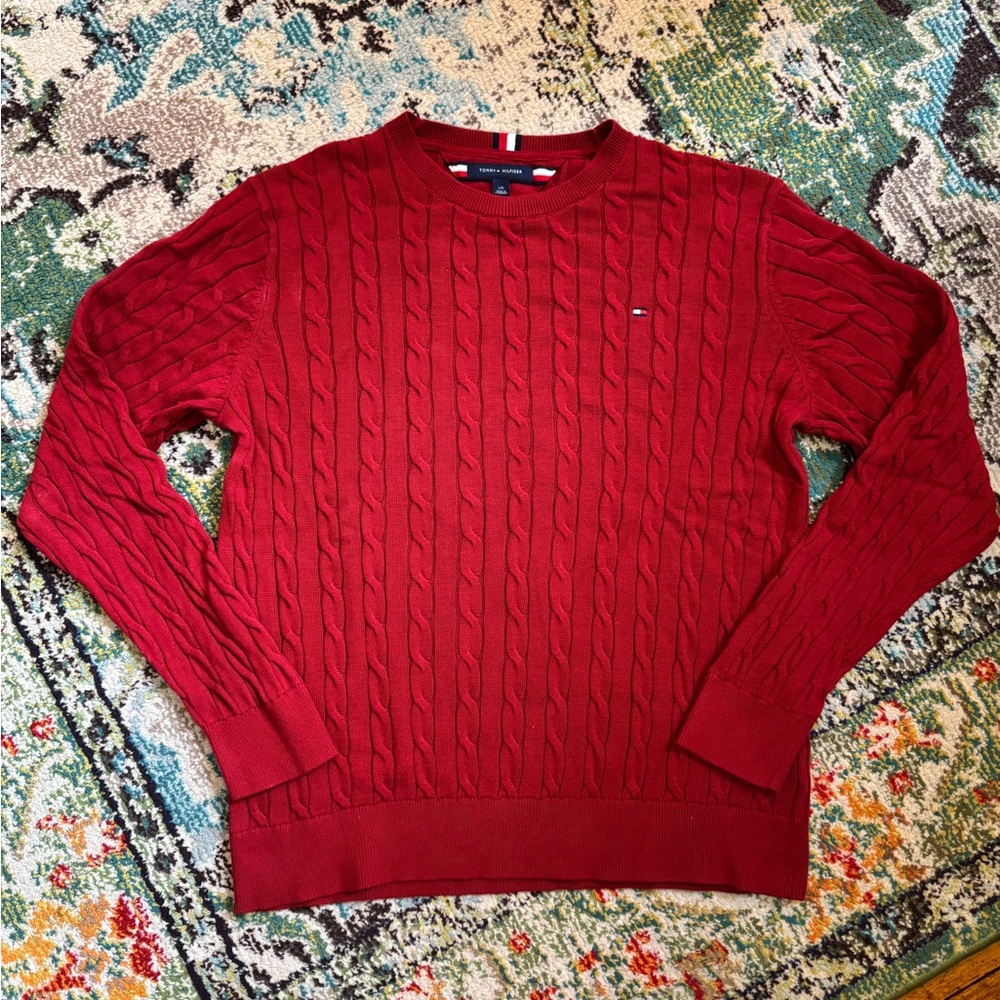 Tommy Hilfiger Men's Large Red Crewneck Cable Knit Sweater